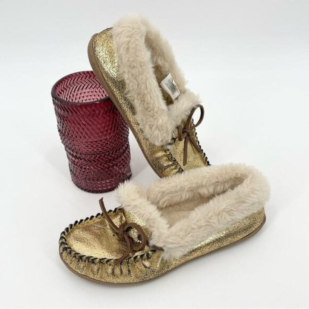 J. Crew Lodge Shoes Size 7 Gold Crackled Metallic Slipper Cabin Cozy